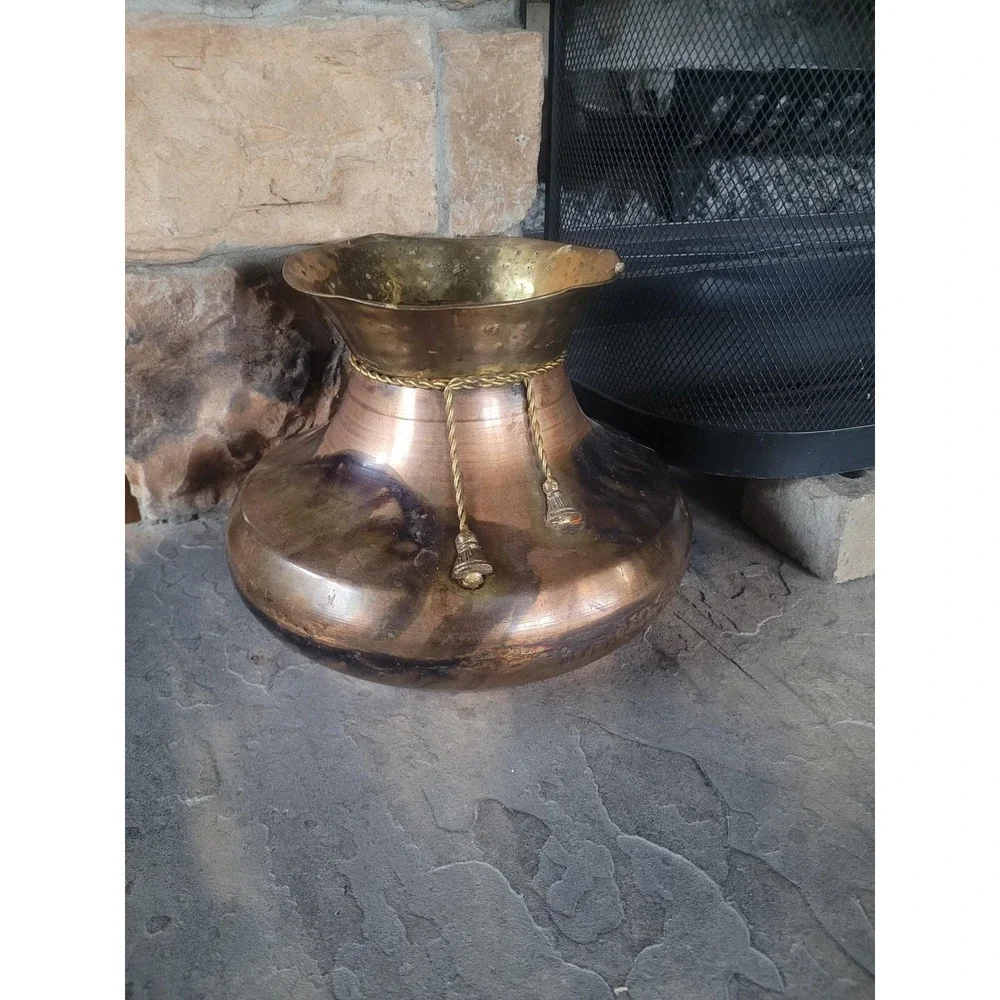 Vintage Copper & Brass‎ Planter Vase Mid Century Hammered Jardiniere Patina